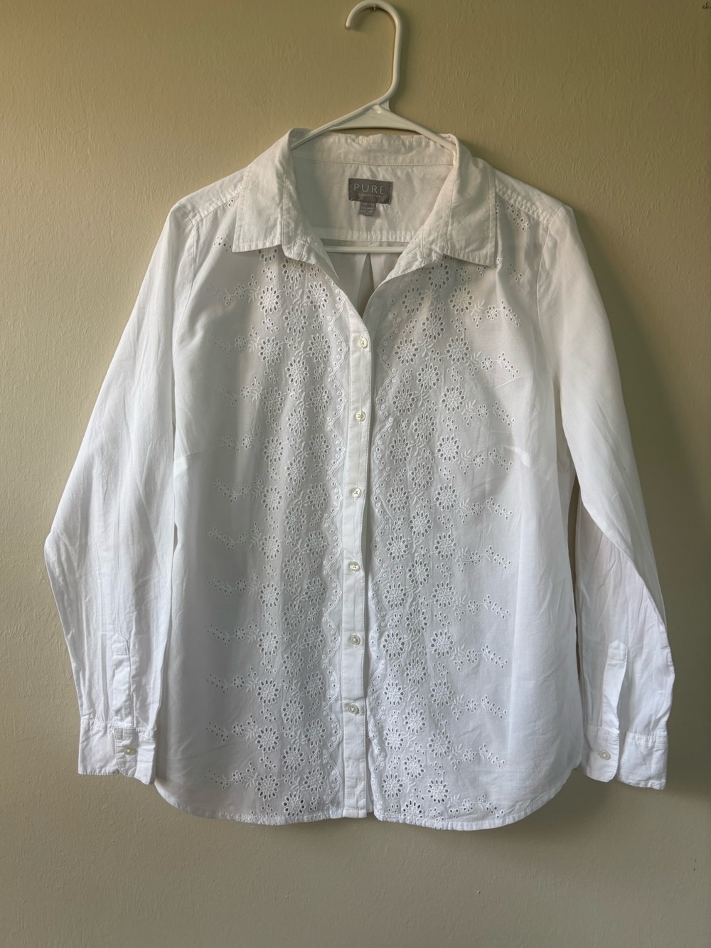 Pure Collection Women’s Top Size 8/10 White Eyelet Blouse Long Sleeve Button